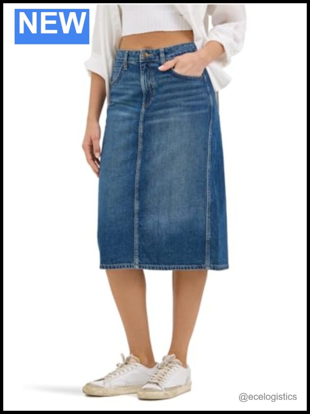 High Rise Stretch Denim Skirt Below Knee Pencil Silhouette
